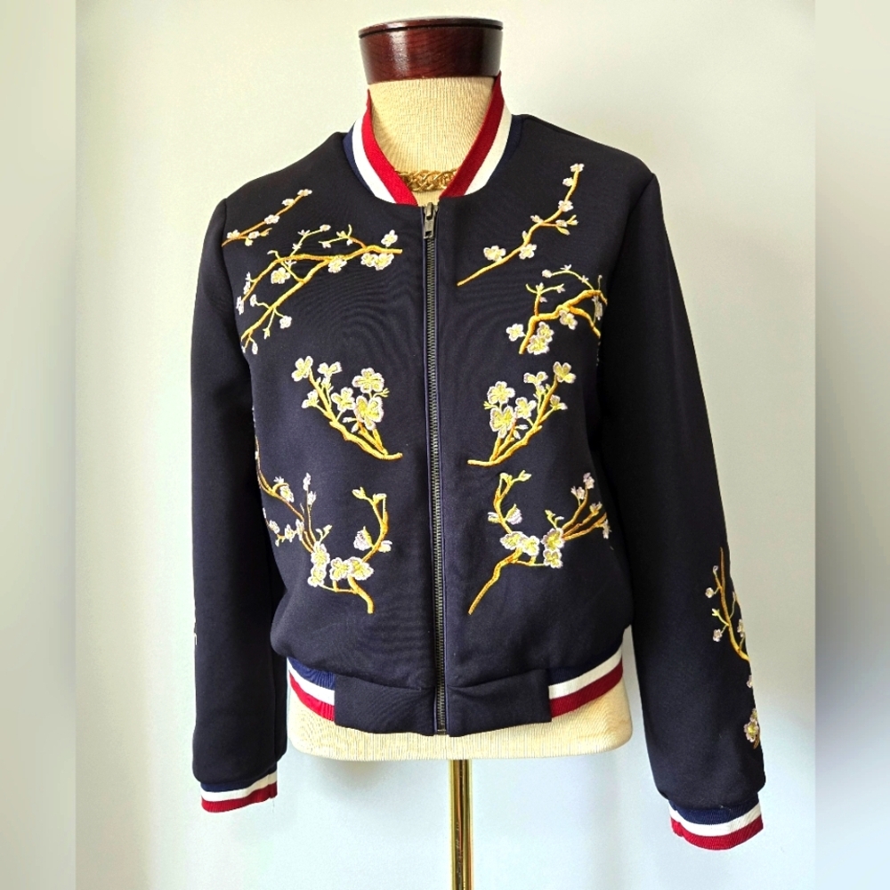 MOLLY BRACKEN Premium Floral Cherry Tree Embroidered Navy Bomber Jacket. Small